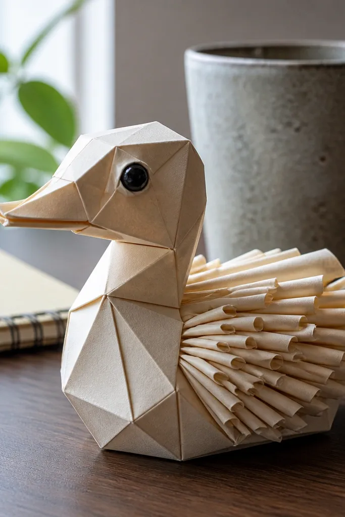 Paper duck with small rolled feather-like edges on the wings and tail