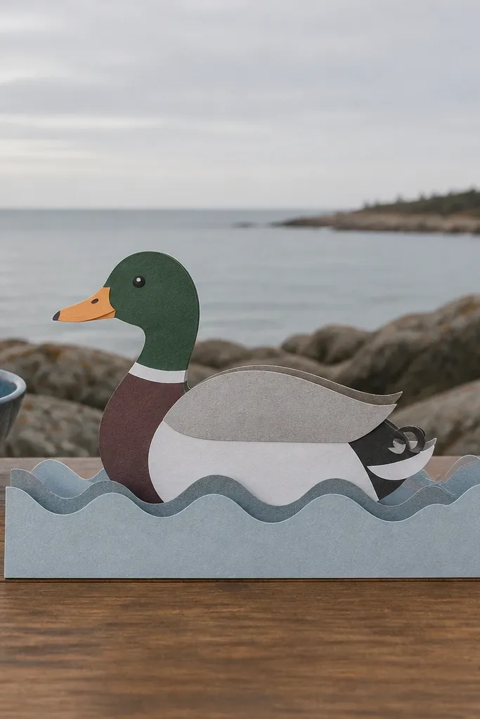 Paper duck standing on a wavy waterline base made from folded strips