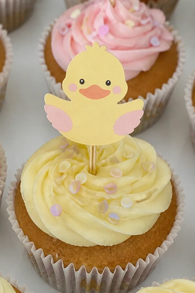 Small paper duck topper attached to a toothpick with a straight upright stance