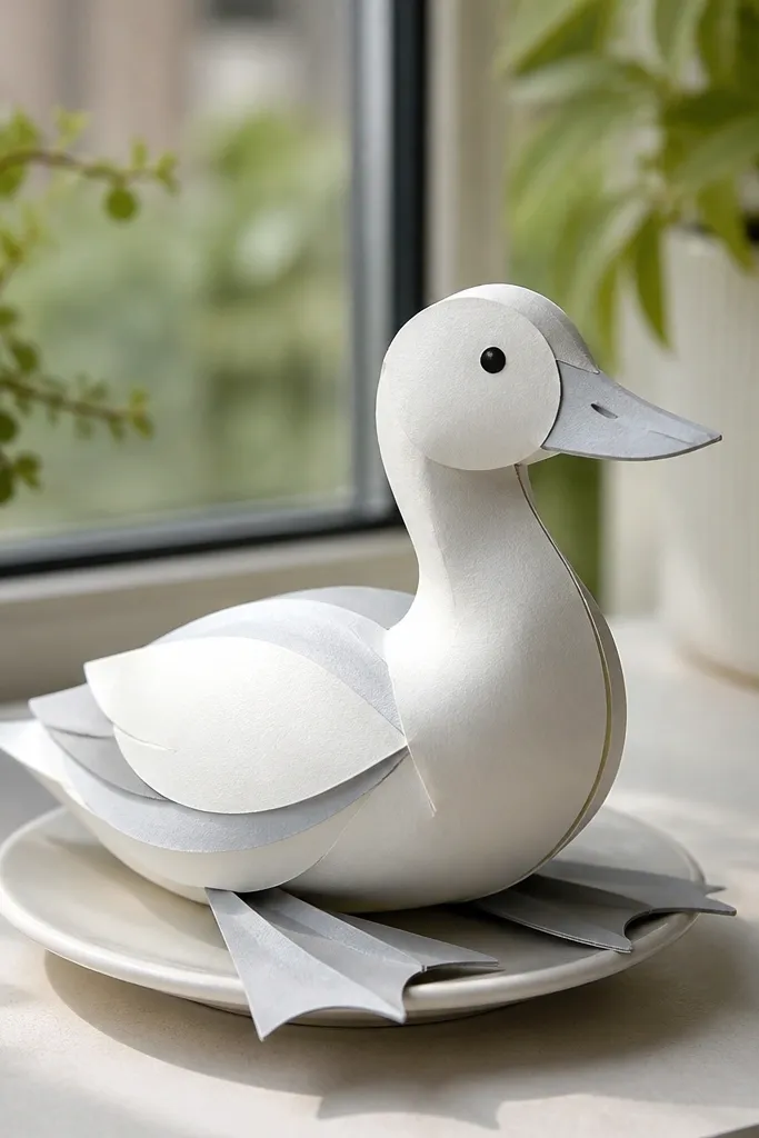 Paper duck with webbed feet made from cut shapes under the body