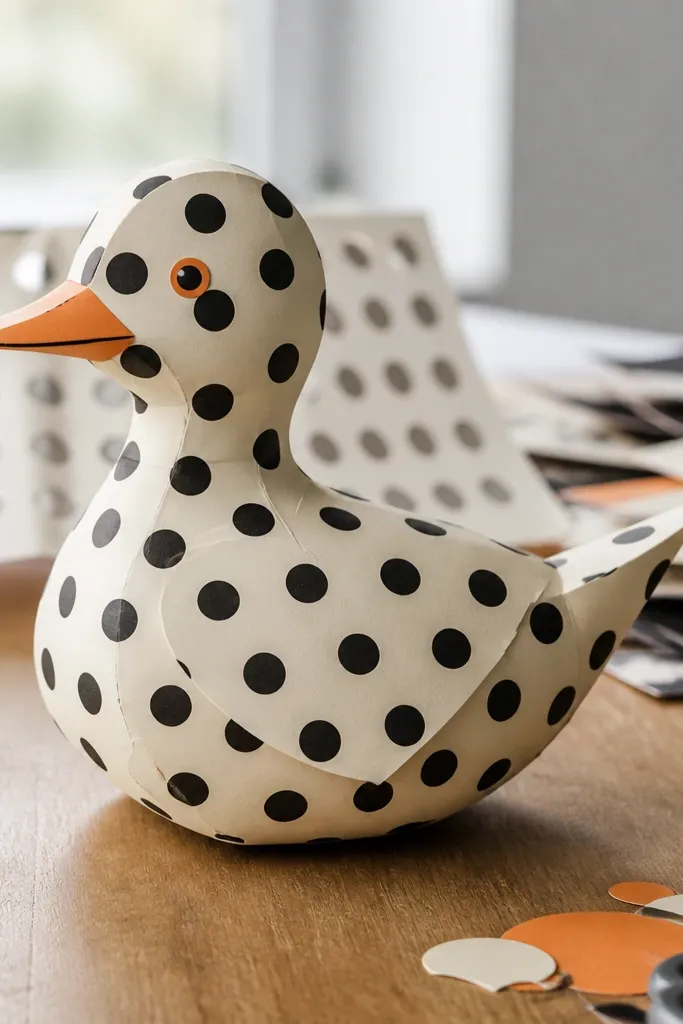 Yellow paper duck with evenly spaced polka dots on the body and wings