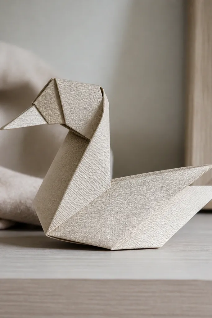 Paper duck with subtle linen-like texture from wrapping grainy paper around the body