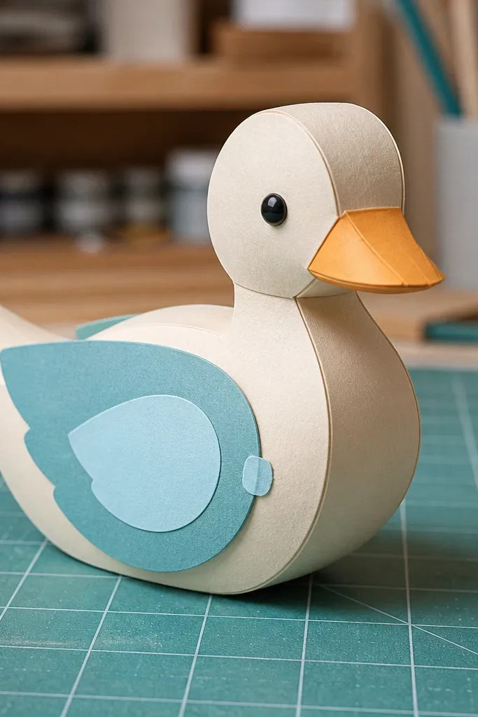 Three-color paper duck with layered wings and neat seams at the body connection