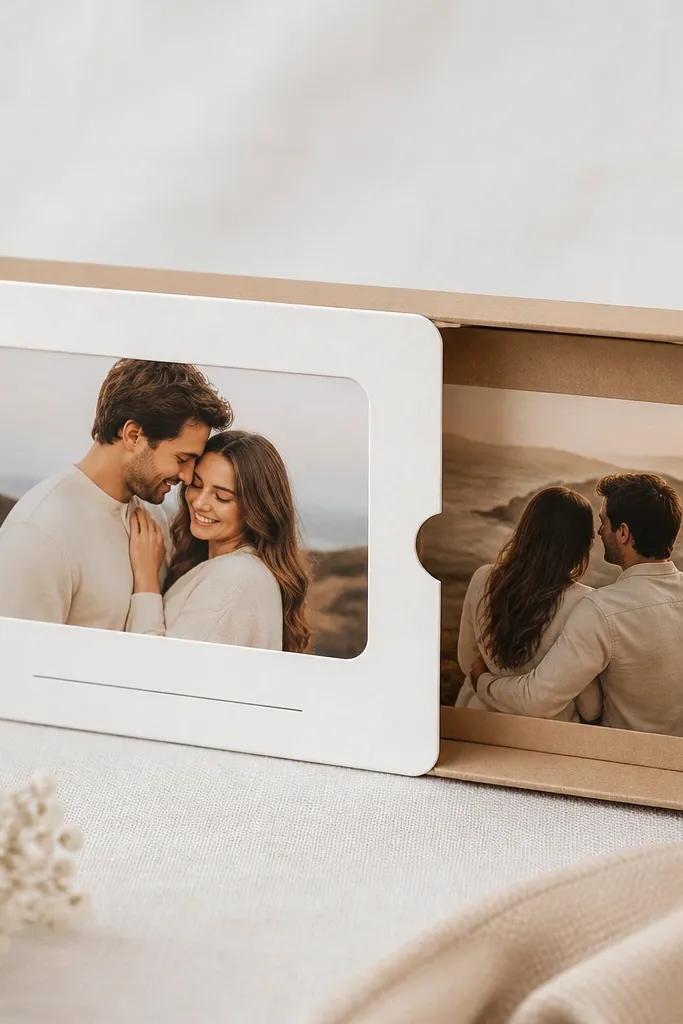 A small rectangular cardstock gift box with a sliding top panel. The front shows a printed photo window with a caption under it, and the inside panel slides to reveal a second photo. The edges are neatly rounded and the box sits open slightly like a display.