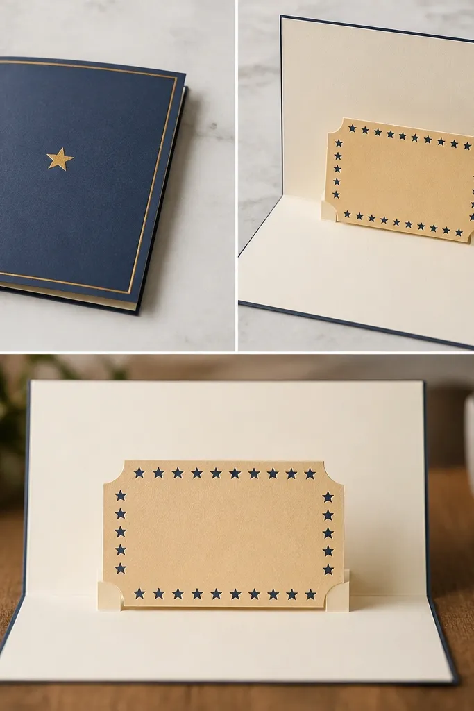 A folded greeting card that opens to reveal a vertical pop-up shaped like a movie ticket. The ticket has a printed date and a tiny star border. When closed, the card lies flat; when opened, the ticket pops up cleanly with crisp fold lines.