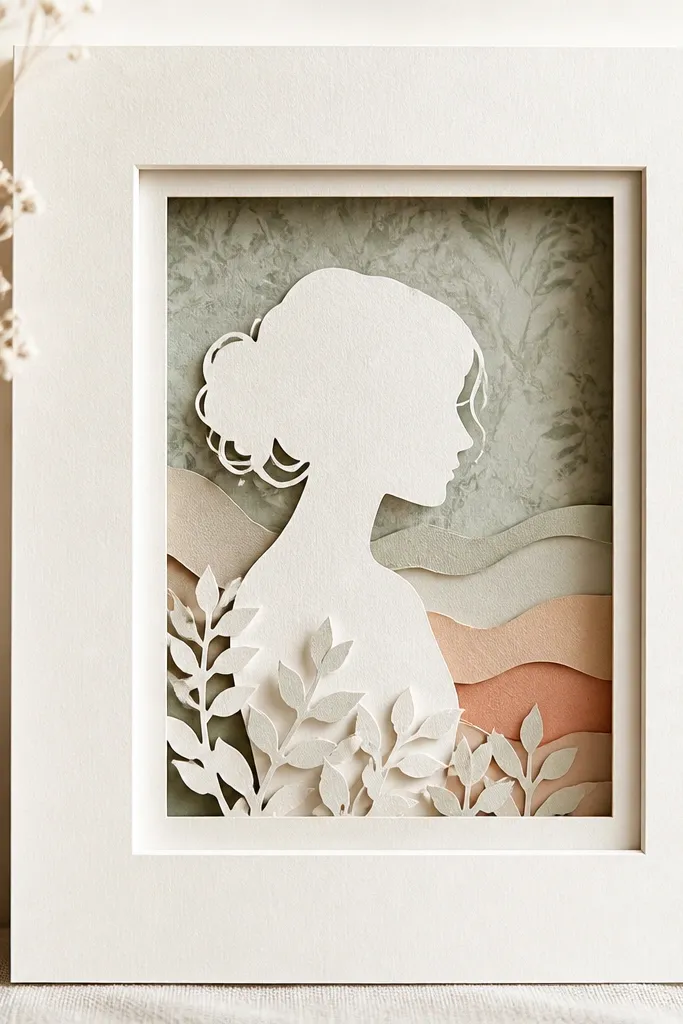 A small framed shadowbox made from a paper mat. Multiple cut paper layers sit behind a single raised element in the foreground. The background has a subtle pattern, and the top layer shows a silhouette with a paper cutout effect.