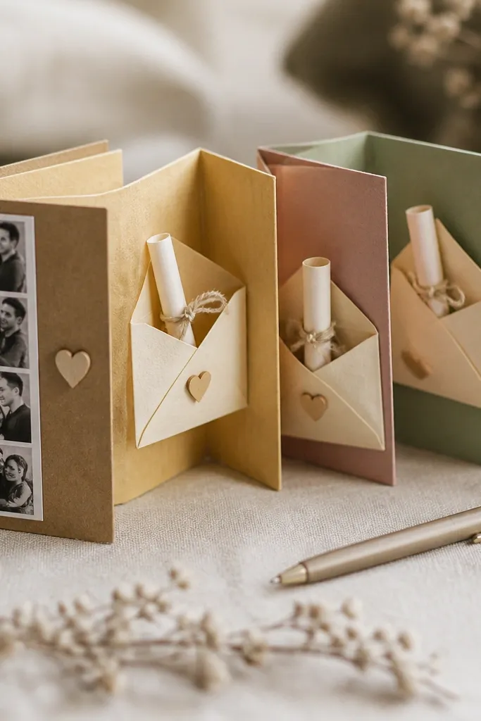 A small accordion-style mini book made from cardstock, with several tiny envelopes attached. Each envelope is labeled and holds a rolled note. The cover shows a simple title and a small photo strip.