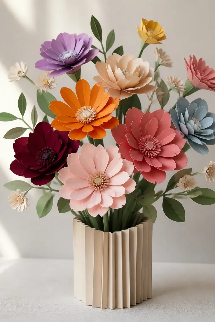 A bouquet-like arrangement made from layered paper flowers. The stems are formed from folded paper strips, and the flowers have different colors and sizes. The whole piece sits in a simple paper vase holder.