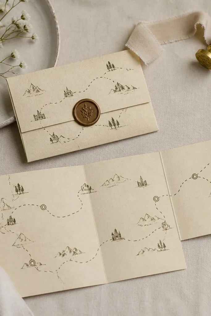 A letter that looks like a mini map. There are printed route lines, small icons, and a fold-out section that opens to show a longer path with stops labeled. The paper has a slightly aged cream tone.
