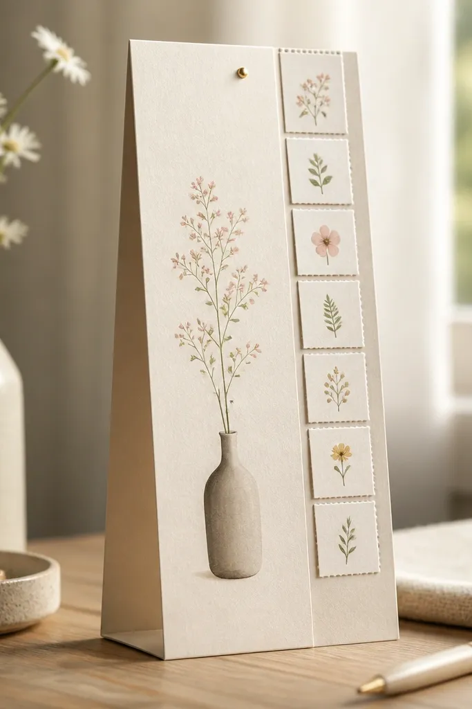 A tall cardstock card designed like a mini desk calendar. It has a grid of small tear-off squares along the side, each labeled with a short promise or date. The card stands upright with a fold-out base.