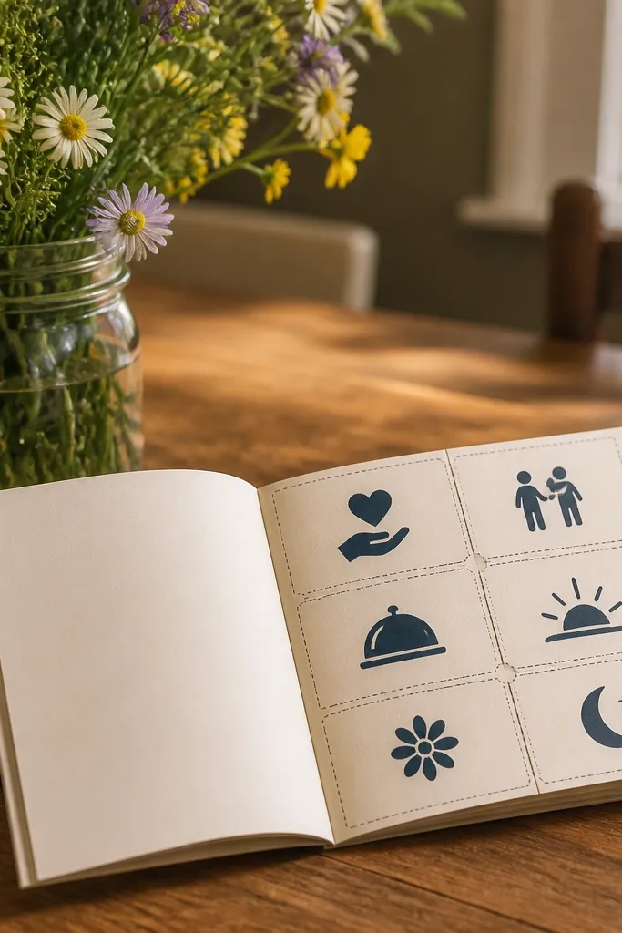 A small coupon booklet made from cardstock with a stitched or stapled spine. Each coupon has a perforated tear line and a distinct icon. A cover page has a title and a small photo strip.