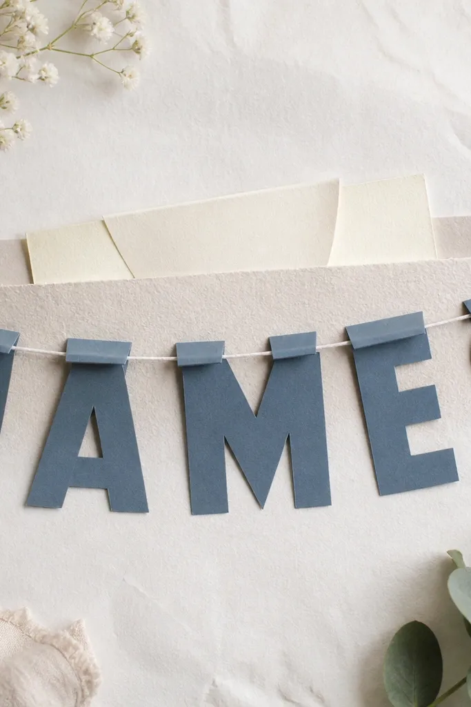 A paper banner spelling out a boyfriend's name, where each letter has a slight 3D effect from folded tabs. Behind the banner, a small hidden pocket holds a folded note. The letters are matte and evenly spaced.