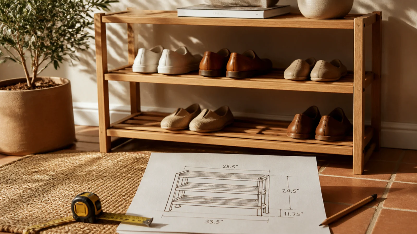 A tape measure, pencil, and a sketch of a three-tier shoe rack with dimensions marked on paper.