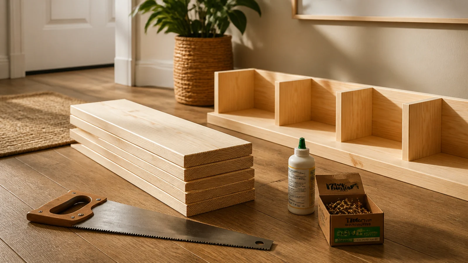 Pine boards, a box of screws, wood glue, and a hand saw laid out with boards being cut to length.