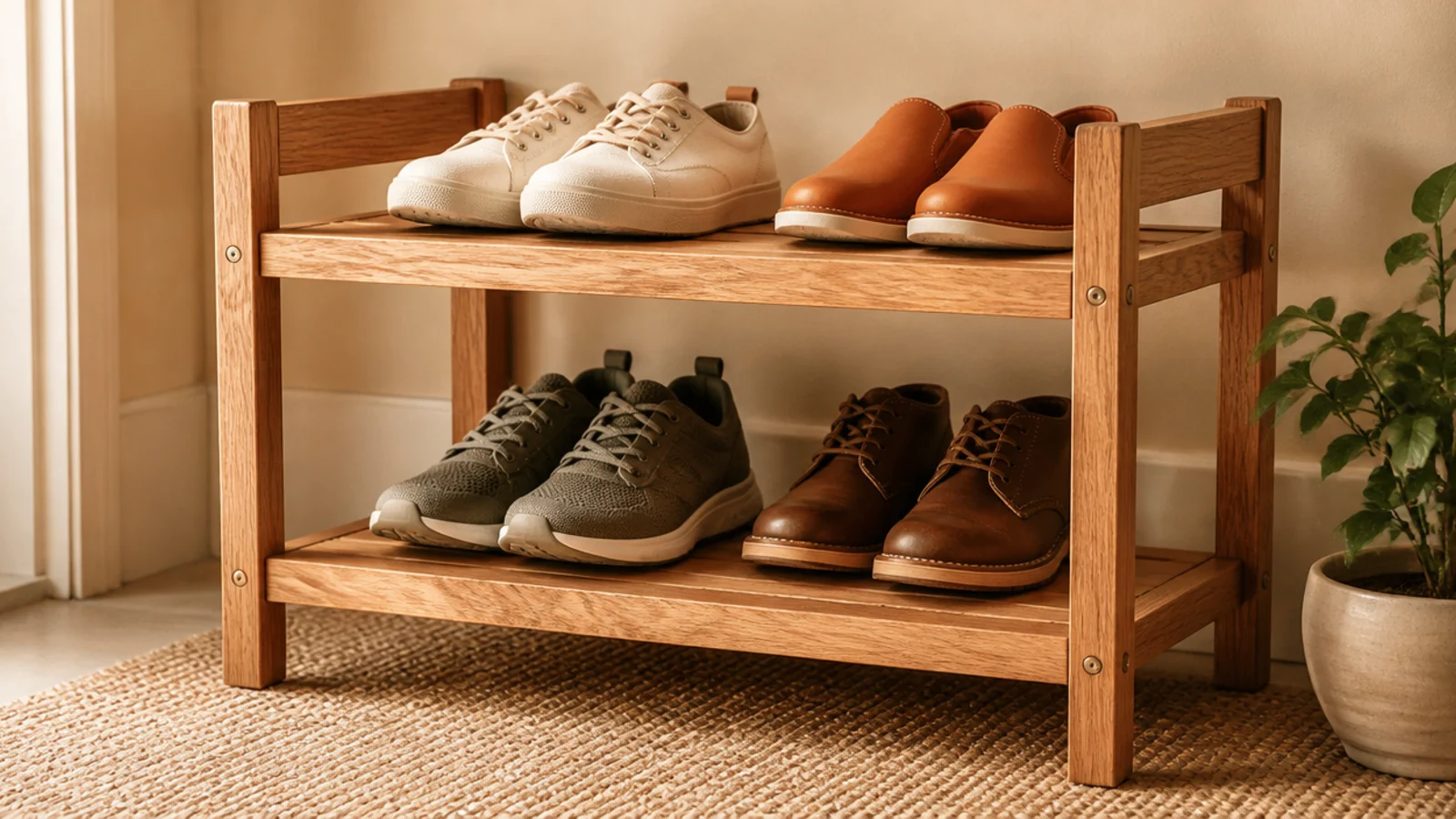 The four legs and side rails of a shoe rack clamped and screwed together into a rectangular frame.