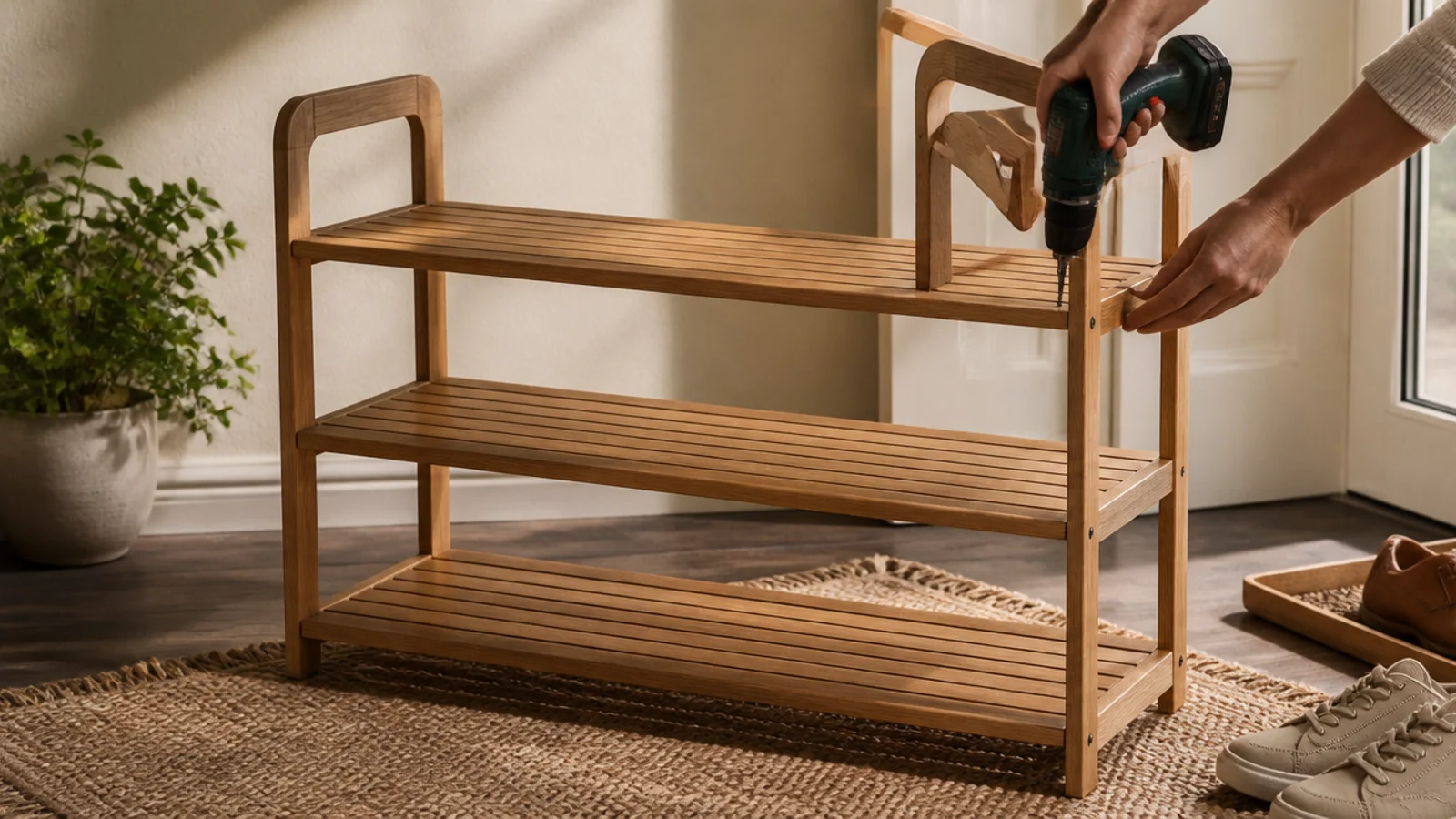 Shelf boards being screwed onto supports inside the rack frame, forming three evenly spaced tiers.