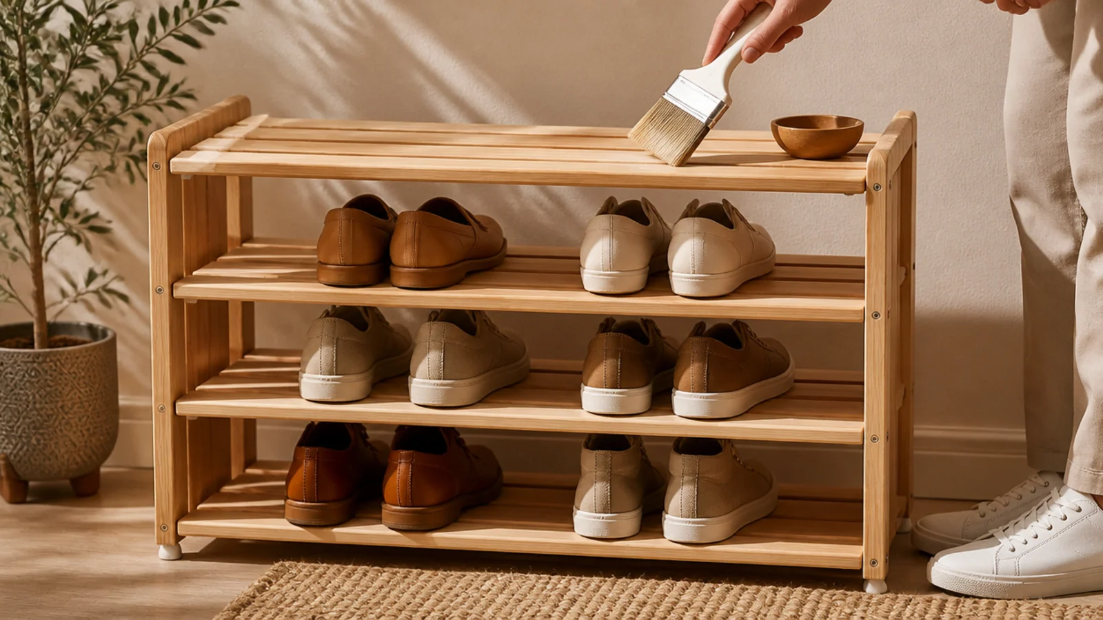 A finished pine shoe rack being brushed with clear sealer, felt pads on the feet, shoes lined on the tiers.