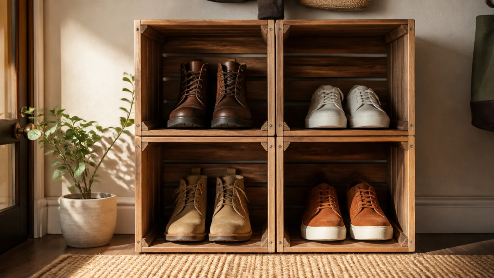 Four wooden craft crates screwed together into a two-by-two block, each cubby holding a pair of shoes.