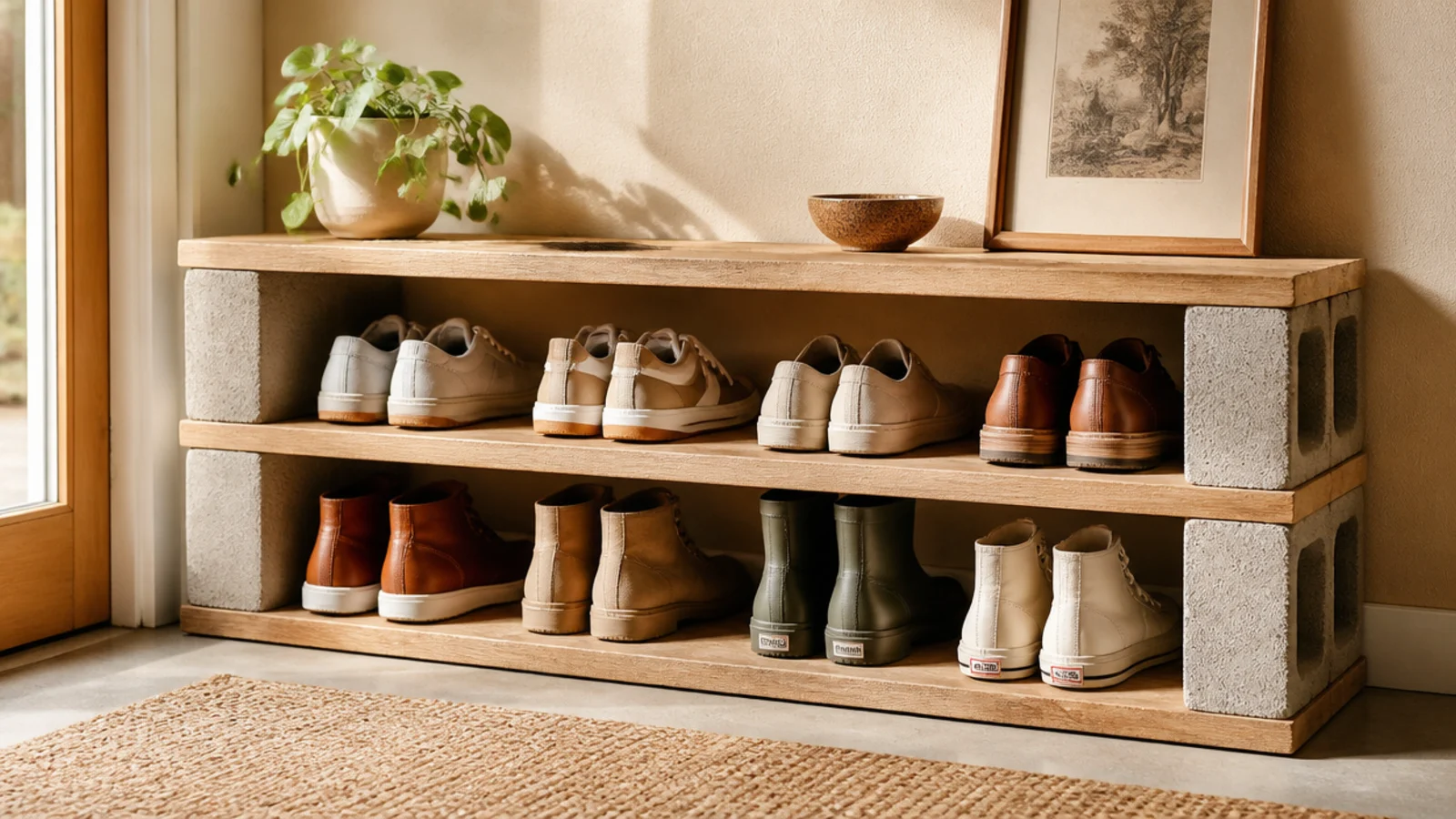 A low shoe rack made of cinder blocks stacked with wooden boards laid across them, shoes lined on each board level.