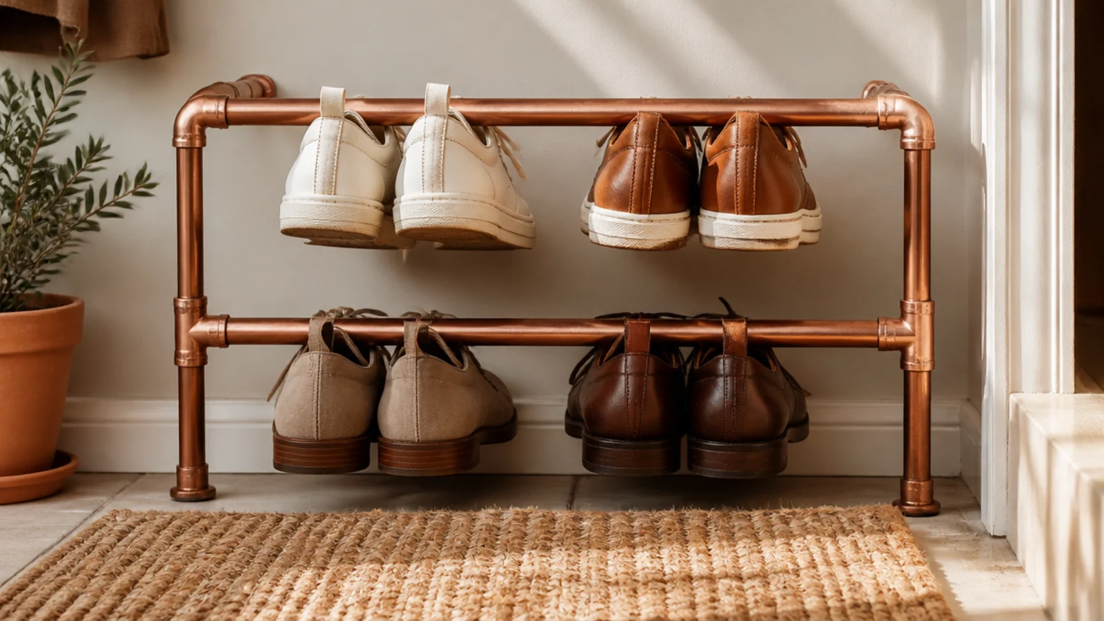 A slim shoe rack built from copper pipe and fittings with two horizontal rails, shoes hooked over the rails by their heels.