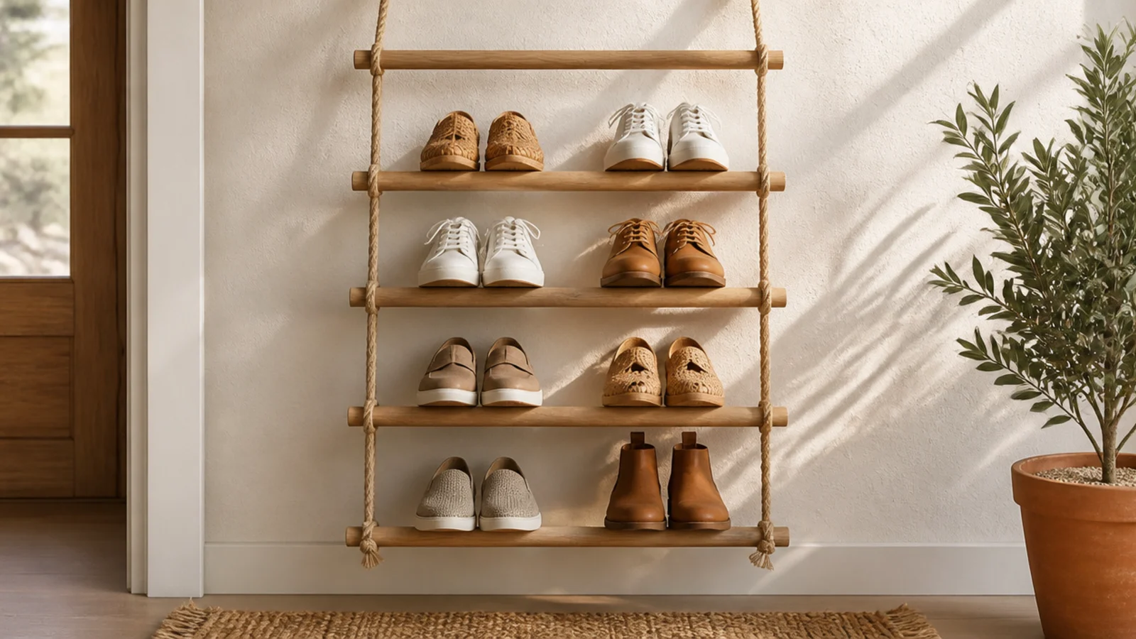 A hanging ladder rack made of wooden dowels strung on two ropes, hung on a wall with shoes resting on the rungs.