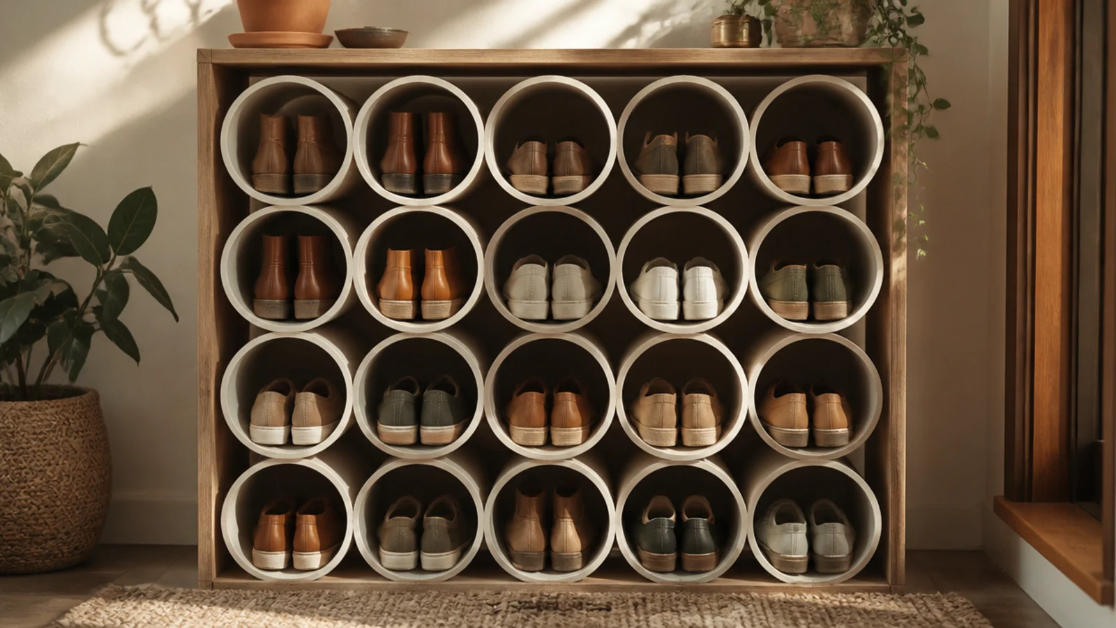 A honeycomb of white PVC pipe cubbies glued into a block inside a wooden frame, each tube holding a pair of shoes.