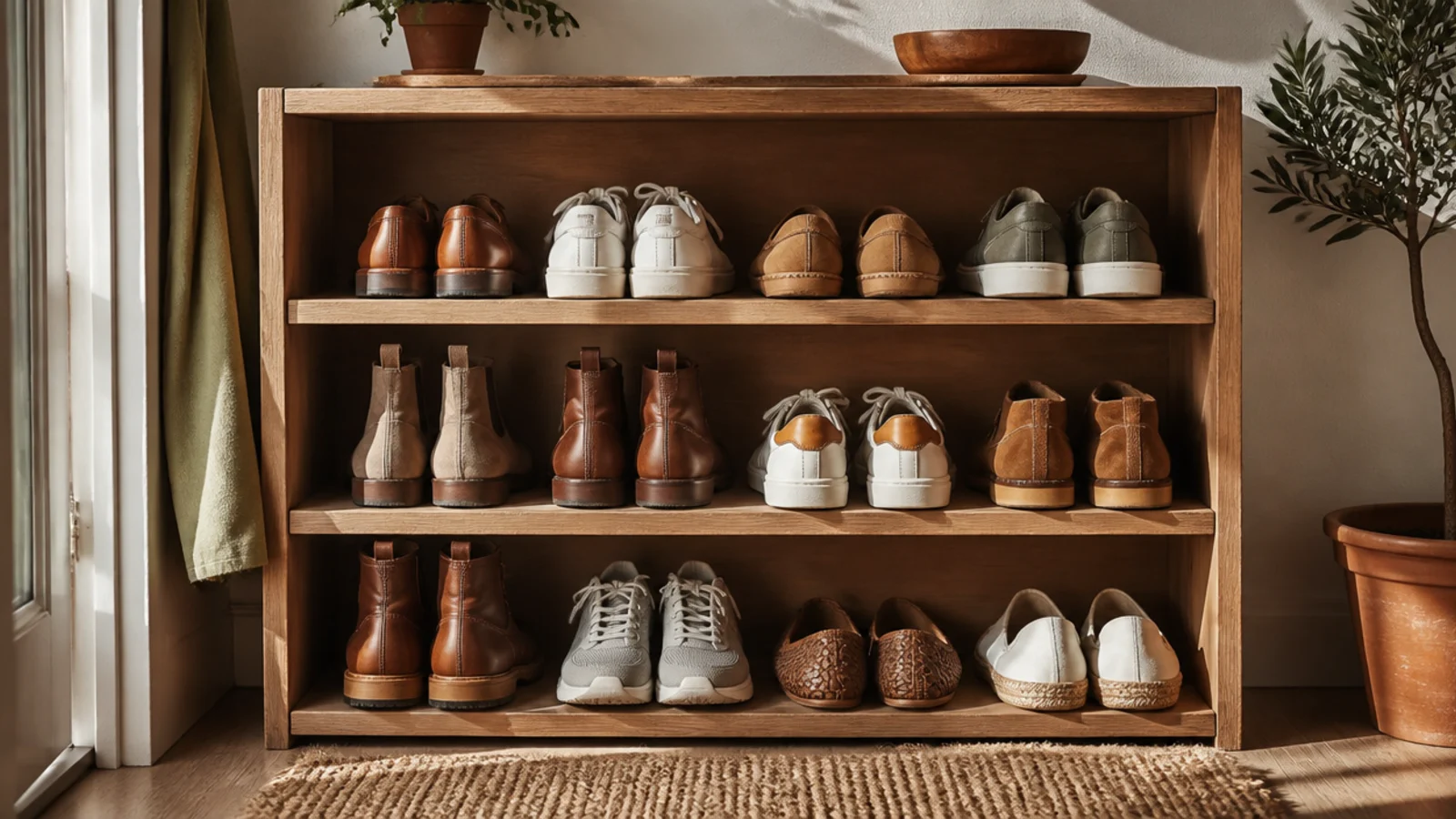 An old short bookshelf laid on its side or upright, its shelves re-spaced and holding rows of shoes.