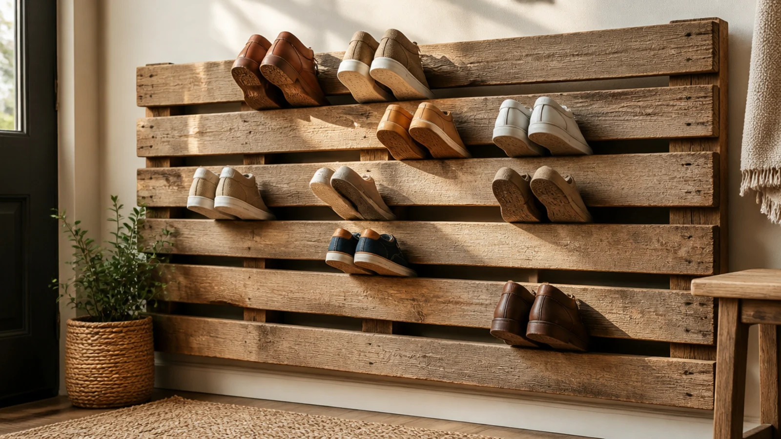 A sanded reclaimed pallet mounted on a wall with shoes slotted into the gaps between the slats at an angle.