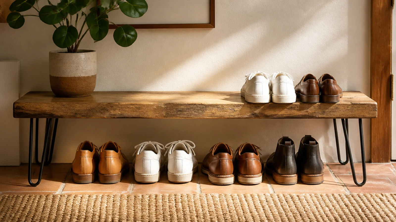 A single thick wood plank on four hairpin metal legs forming a low shoe bench, shoes lined beneath and on top.