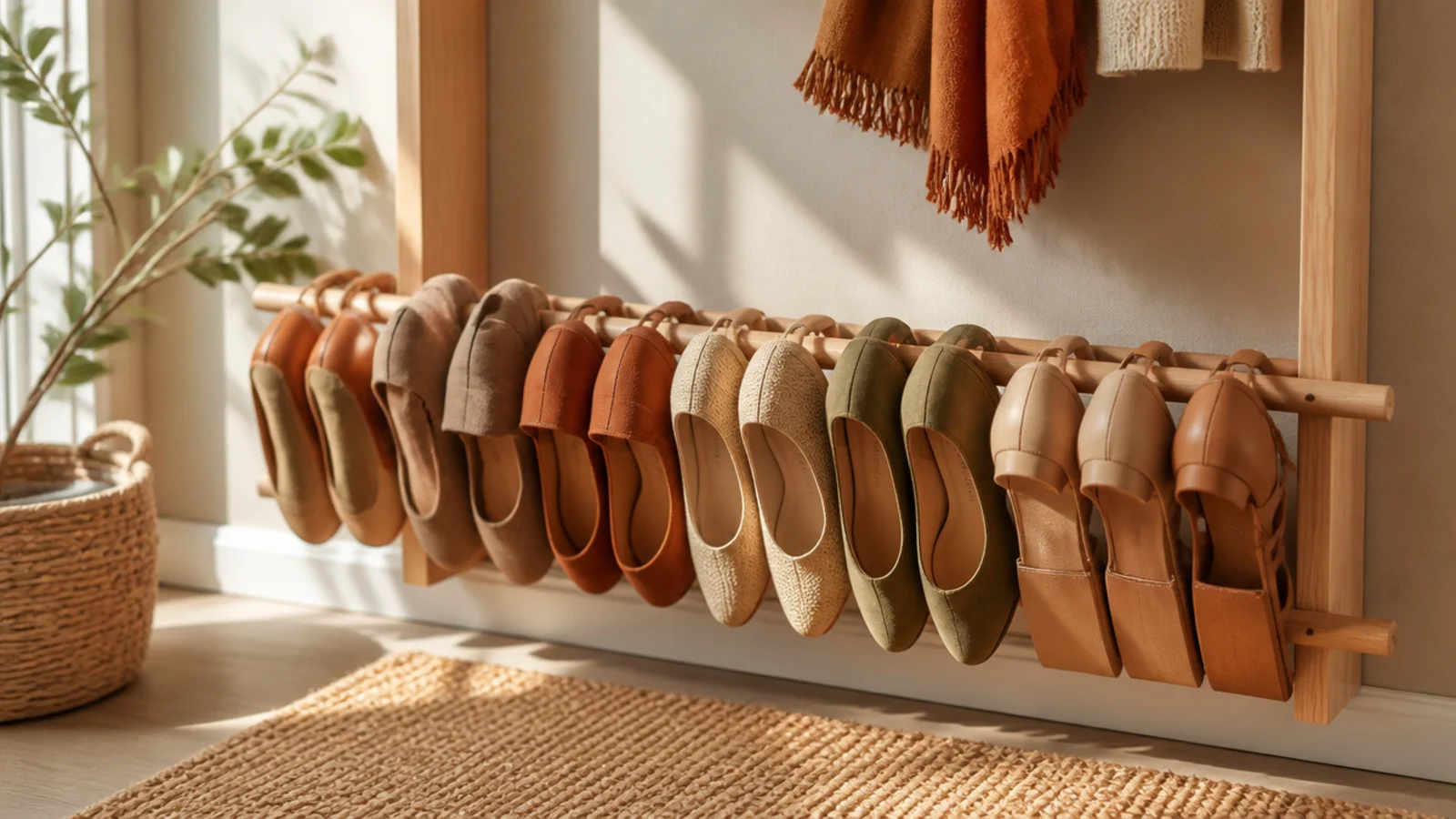 Two wooden dowels wedged between wall studs in a closet, heels of shoes hooked over the front dowel in a row.
