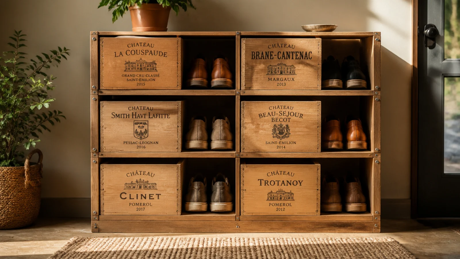 Stacked wooden wine crates with their branded ends, screwed together into a rack holding shoes in each box.
