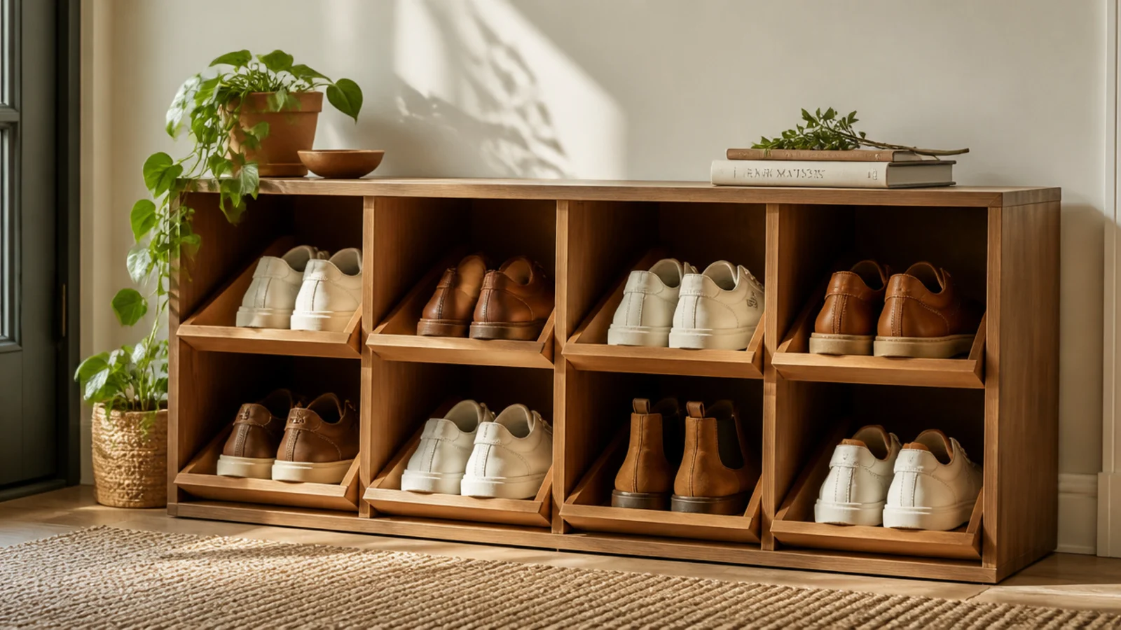 A flat-pack cube shelf laid on its side with angled inserts added to each cube so pairs of shoes tilt forward.