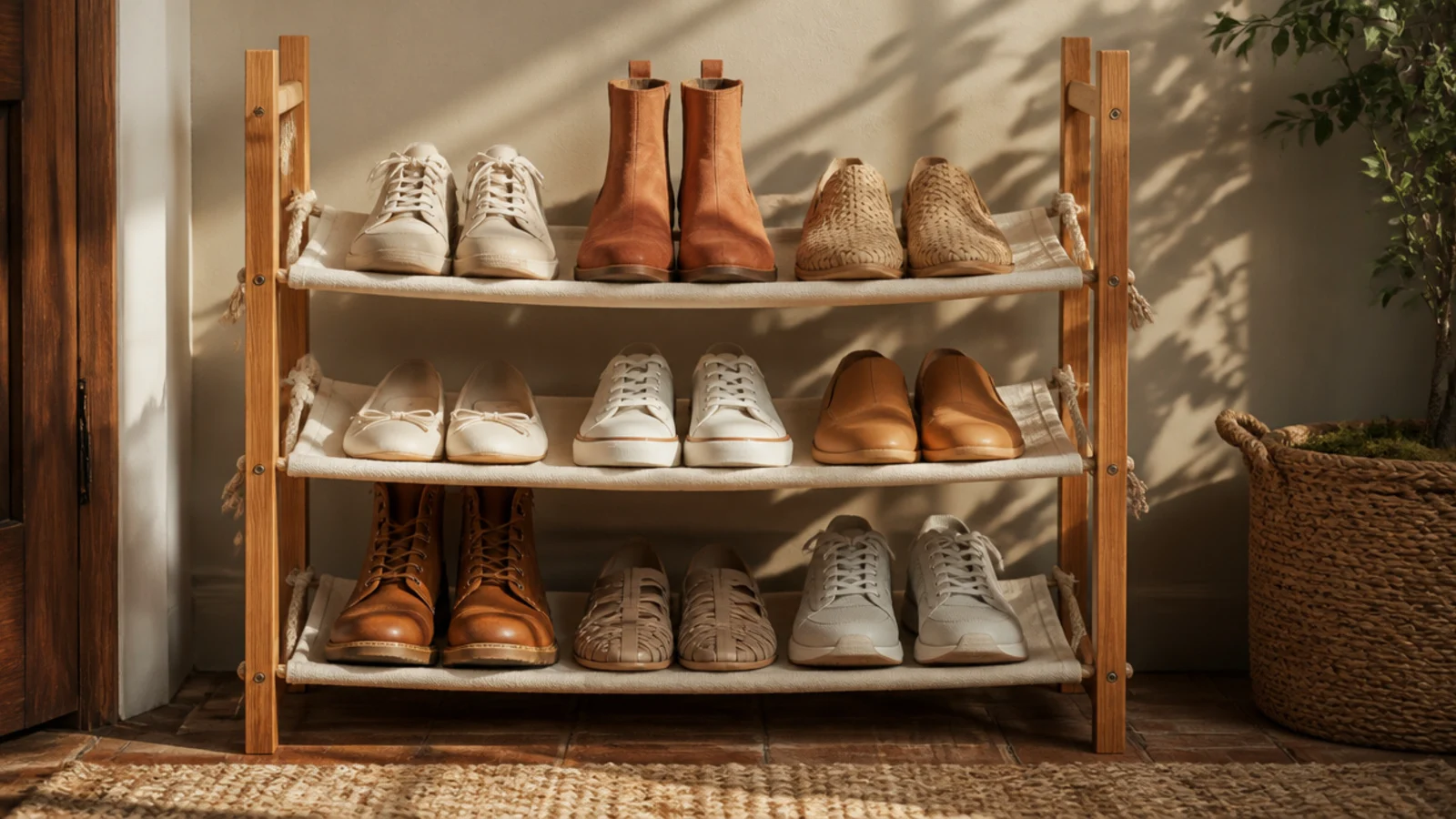A wooden frame strung with rope slings between the sides, each fabric-and-rope sling cradling a pair of shoes.