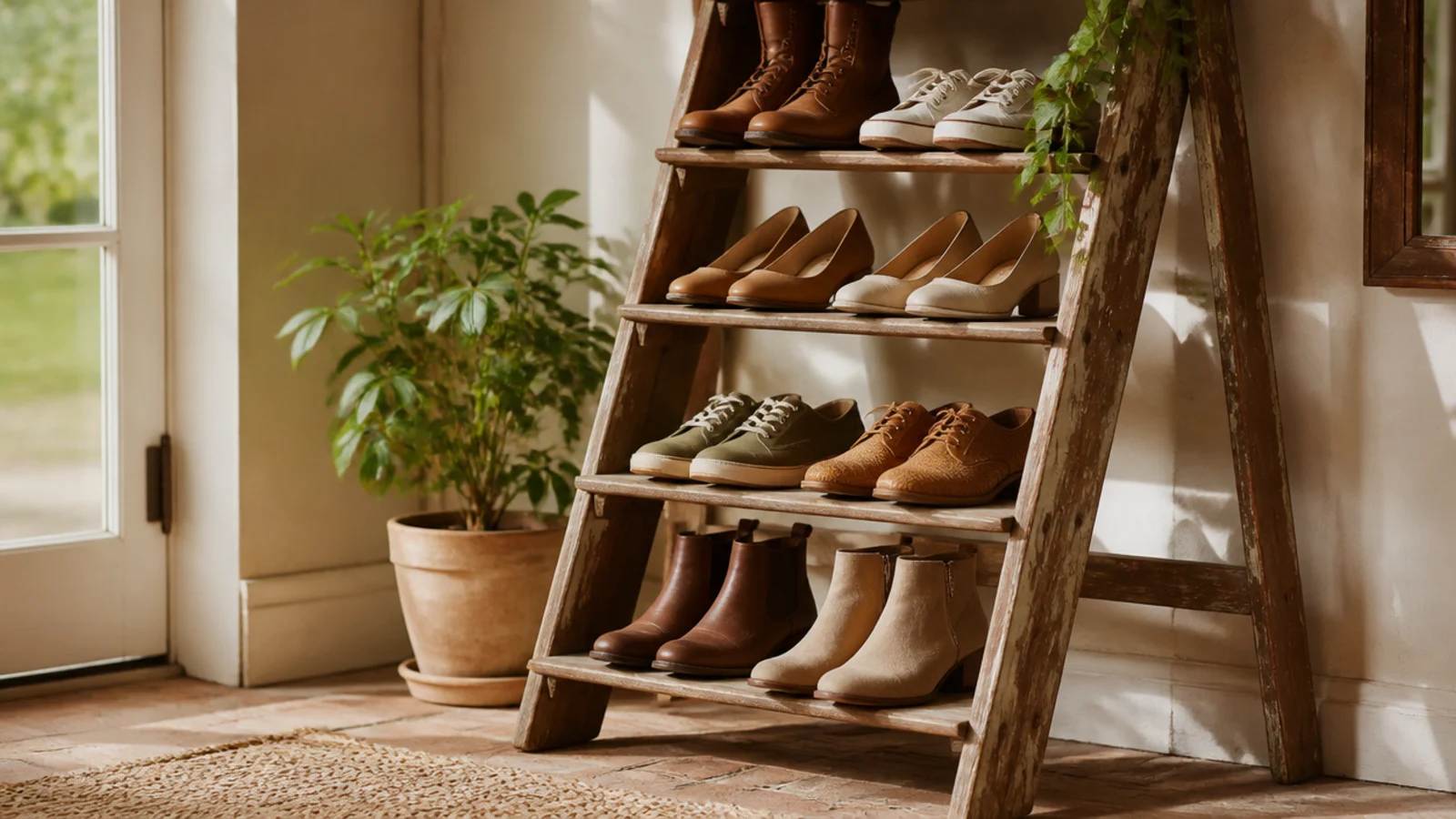 A vintage wooden step ladder opened and leaned against a wall, boards added across the rungs to hold shoes.