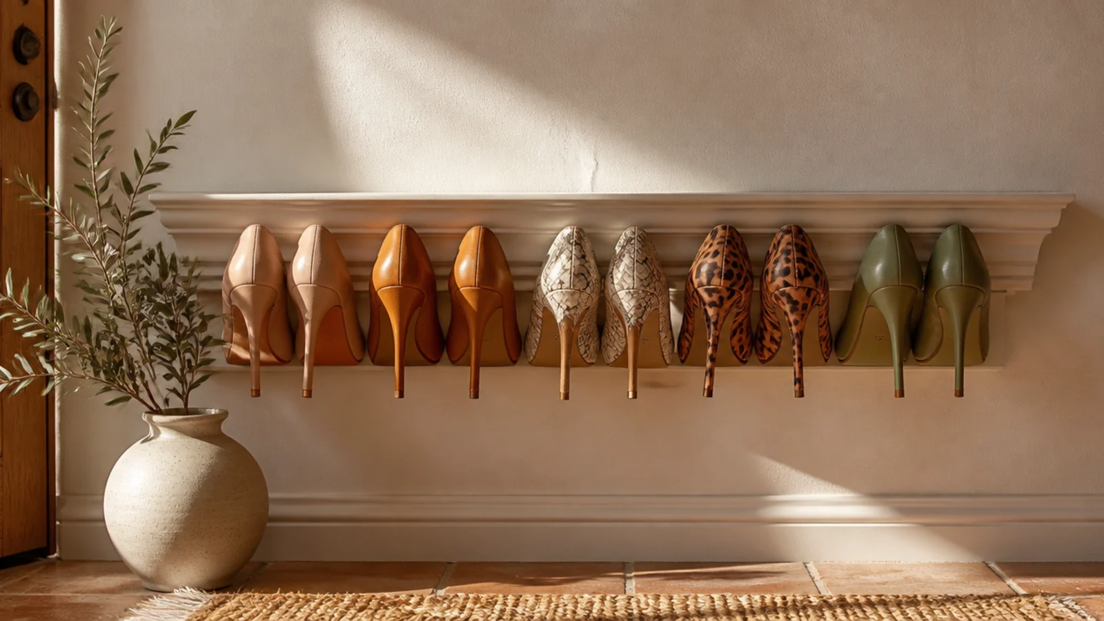 A length of crown molding mounted on a wall with its lip facing up, high heels hooked over it in a neat row.