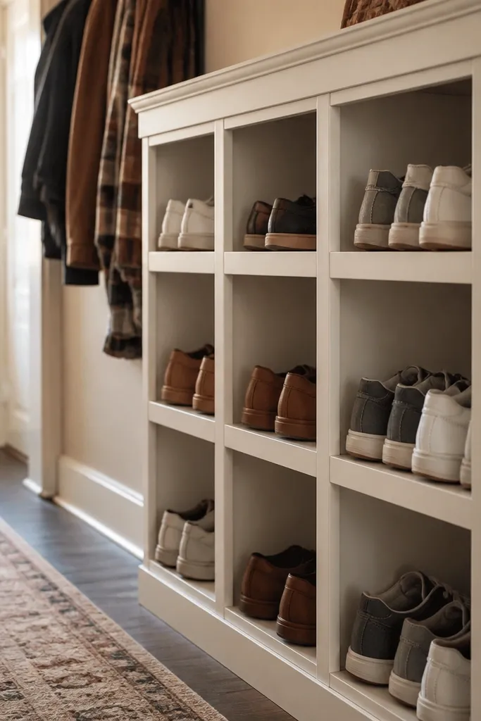White-painted wooden shoe rack with three rows and neat front rails