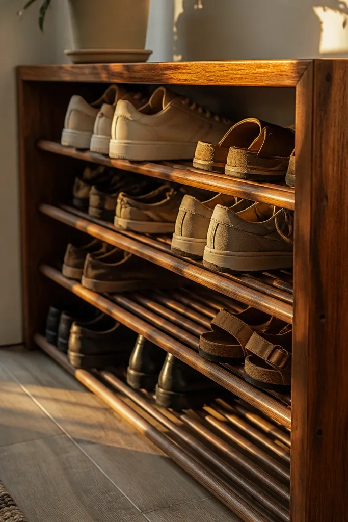 Dark-stained wooden shoe rack with small dowel dividers between rows