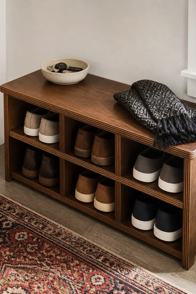 Small two-tier wooden shoe rack with a top bench surface and open shoe slots