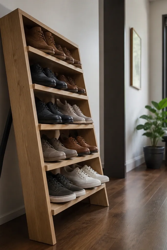 Wooden corner shoe rack leaning on a wall with angled shelves