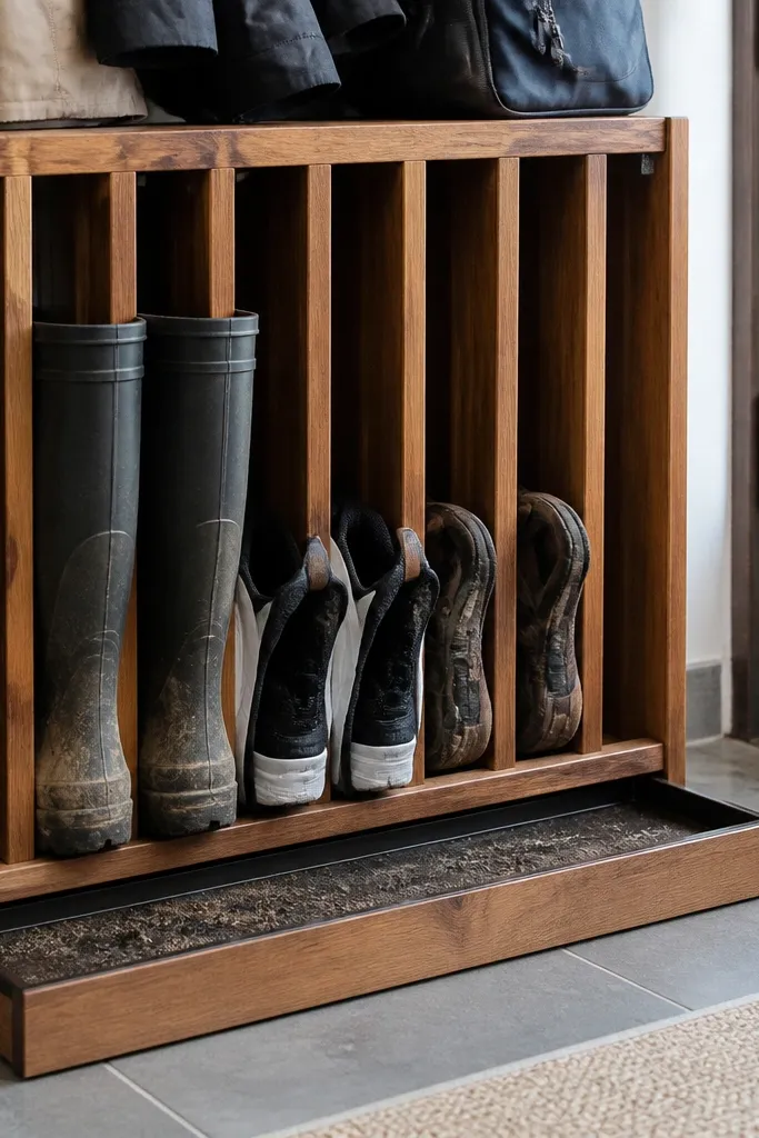 Wood shoe rack with vertical slats and a removable tray at the bottom