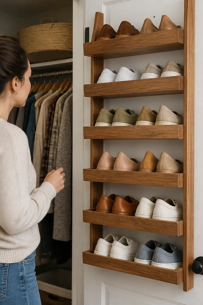 Wood shoe rack with side frames and a top lip that catches on a door