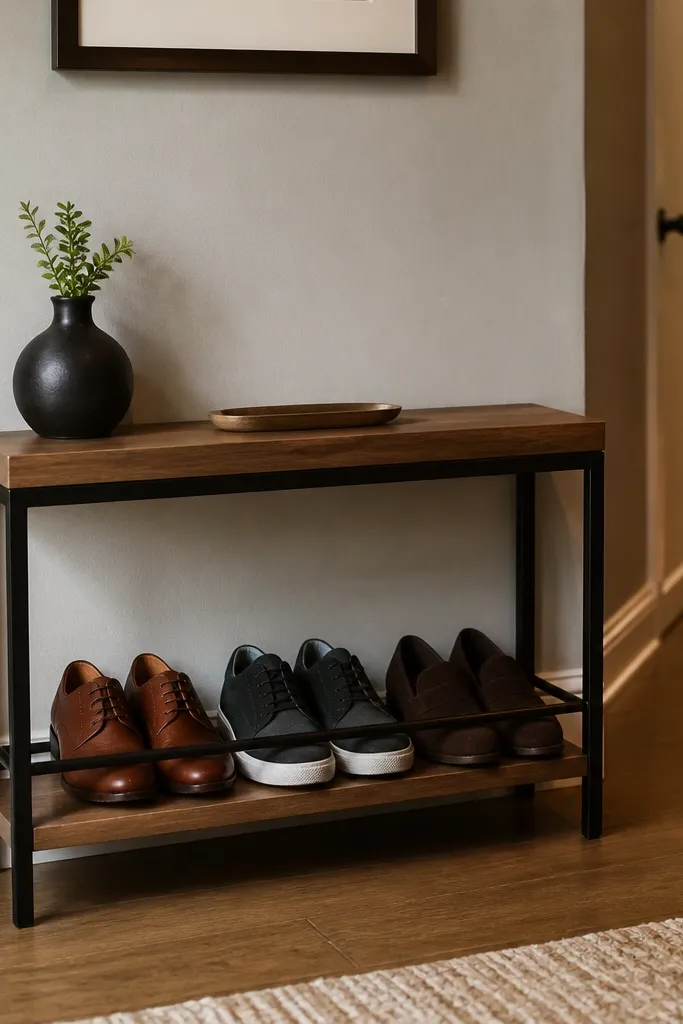 Slim wooden shoe rack bench with clean front and subtle back braces