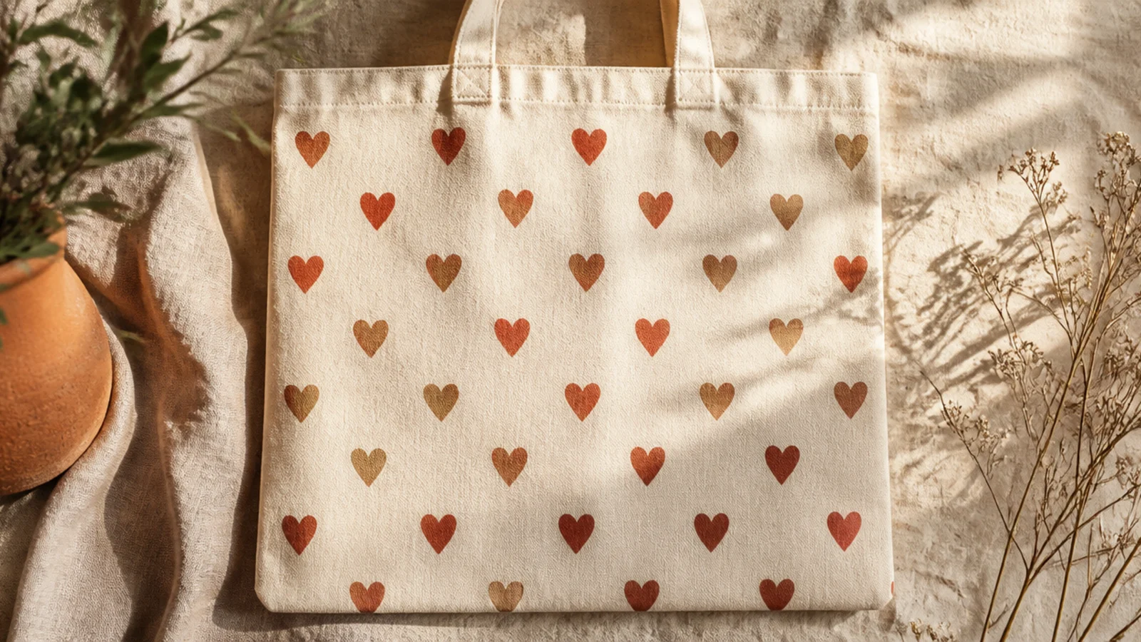 A cream canvas tote covered in an evenly spaced repeat of small terracotta heart shapes stamped with a carved potato.