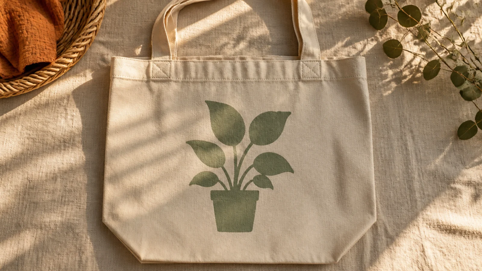 A cream canvas tote with a crisp sage silhouette of a potted plant stenciled in the center using freezer paper.
