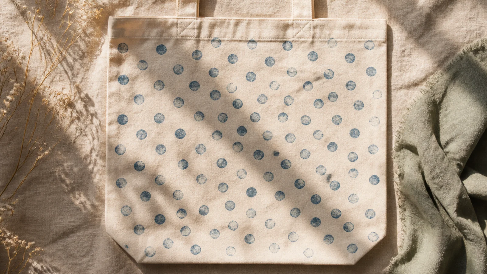 A cream canvas tote with an all-over field of soft, evenly spaced dusty-blue dots printed by pressing painted bubble wrap.