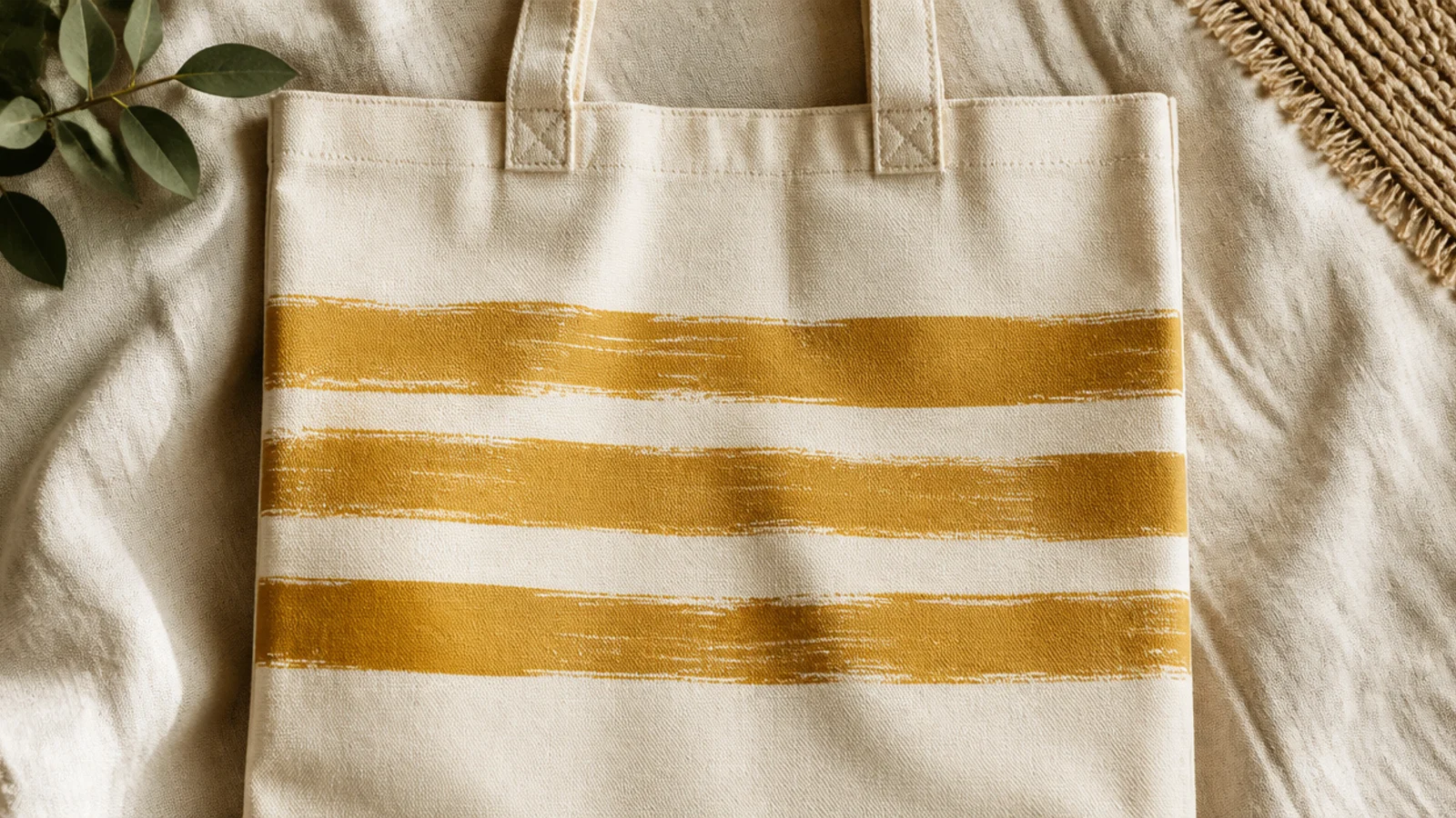 A cream canvas tote with several textured mustard stripes dragged horizontally across the front using the edge of a cardboard piece.