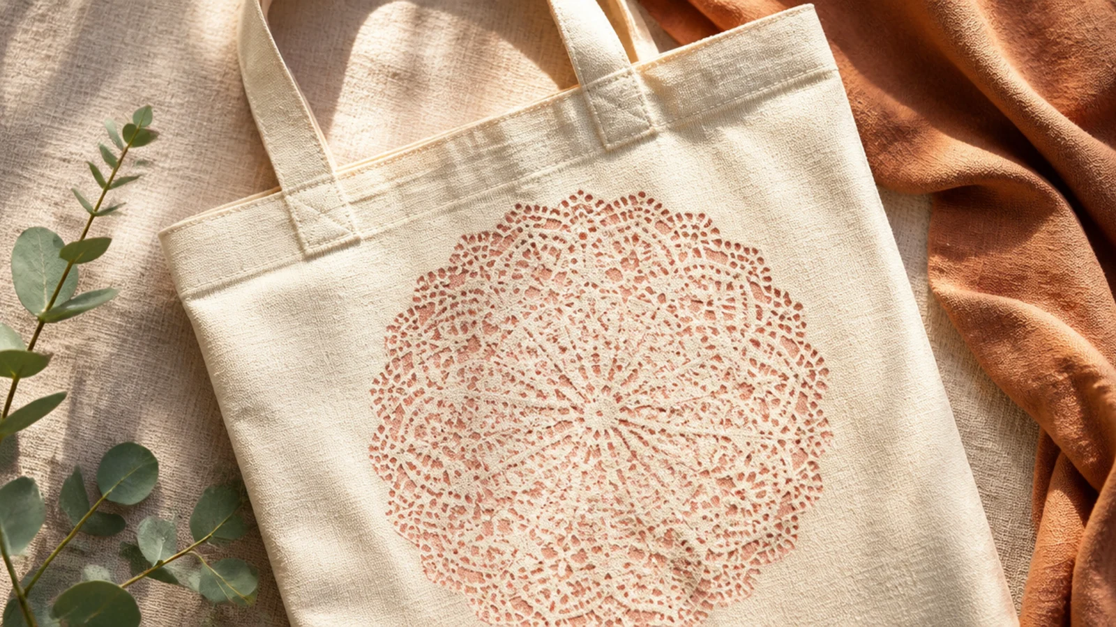 A cream canvas tote with an intricate circular lace pattern printed in soft blush by sponging paint through a paper doily.