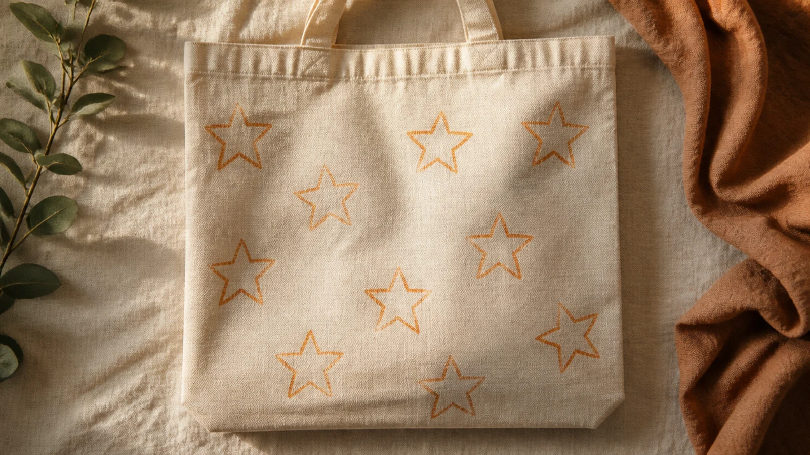A cream canvas tote with several crisp star outlines stamped in ochre using the edge of a metal cookie cutter.