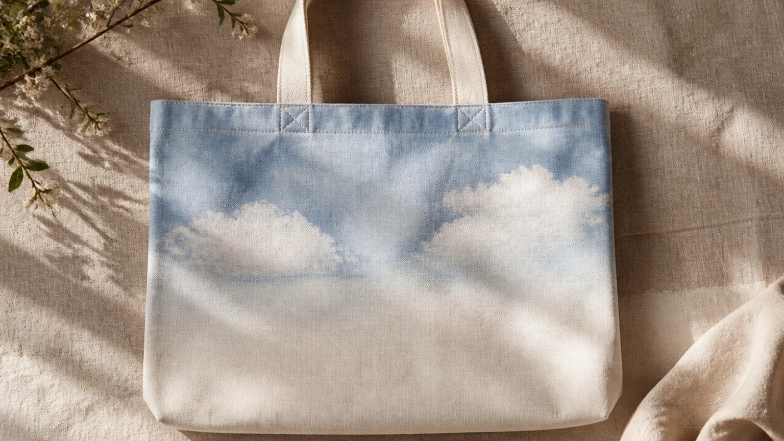A canvas tote with a soft dusty-blue sky wash and a few white sponged clouds drifting across the upper front.