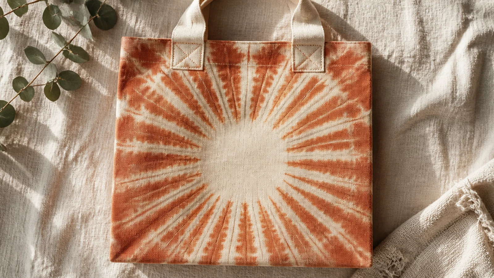 A cream canvas tote with a circular sunburst of radiating bare-canvas lines surrounded by terracotta, made by binding fabric with rubber bands.